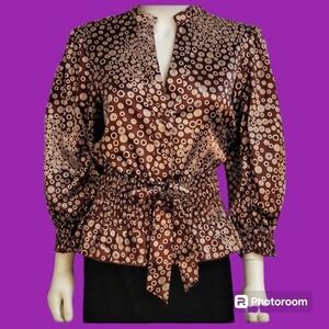 DESIGN WORKS Satin Bubble Smock Waist Tie Peplum Atomic Landgirl Blouse